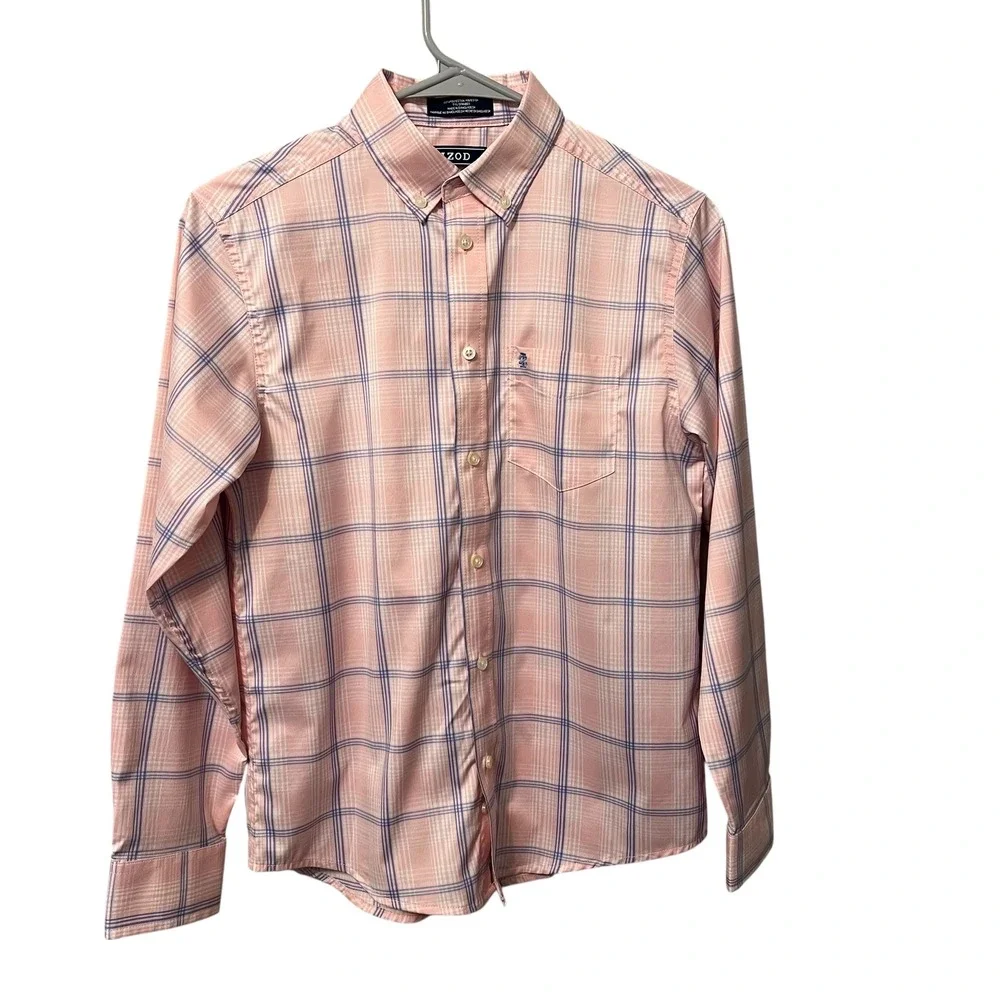 IZOD Long Sleeve Button‎ Down Shirt Pink Blue Plaid Stretch Preppy Boys L 14-16